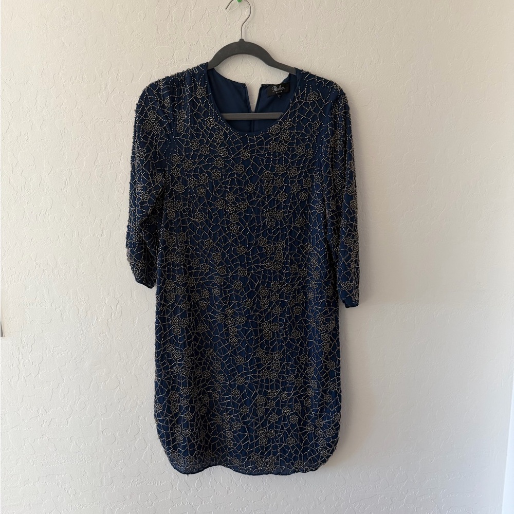 Parker Navy & Gold Beaded Shift Dress | Size 4 | Excellent Condition